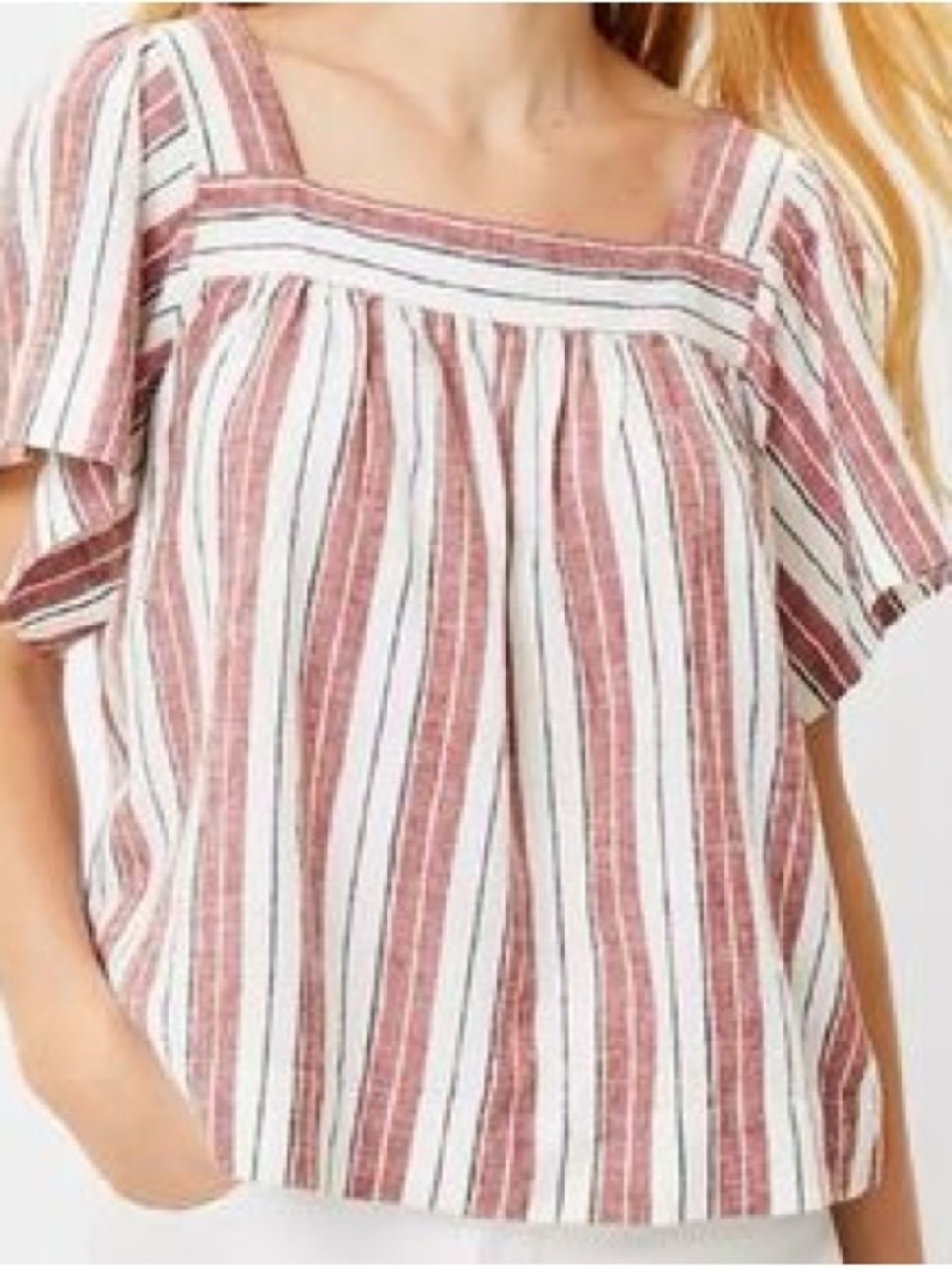 LOFT Red and White Striped Square-Neck Blouse